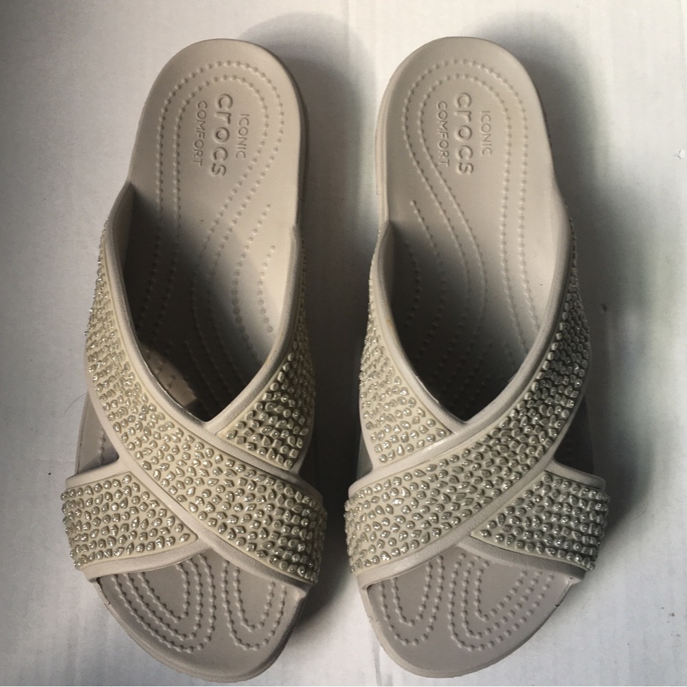 CROCS Sloane Embellished X Strap Slide Sandals Sz 10 - Picture 3 of 8